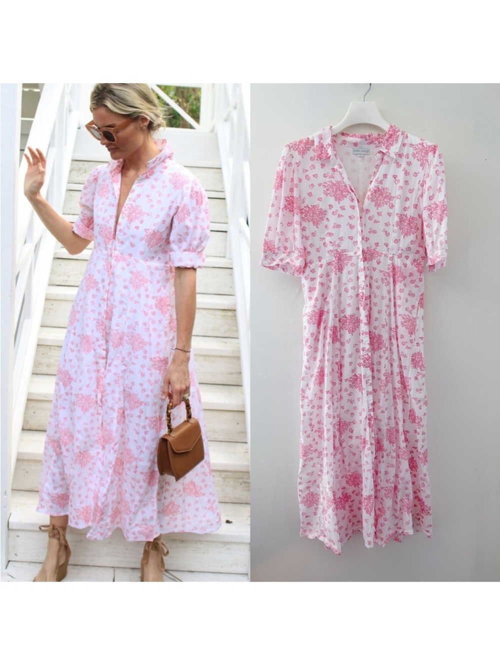 India Amory S Floral Button-Front Midi Dress in Pink and White